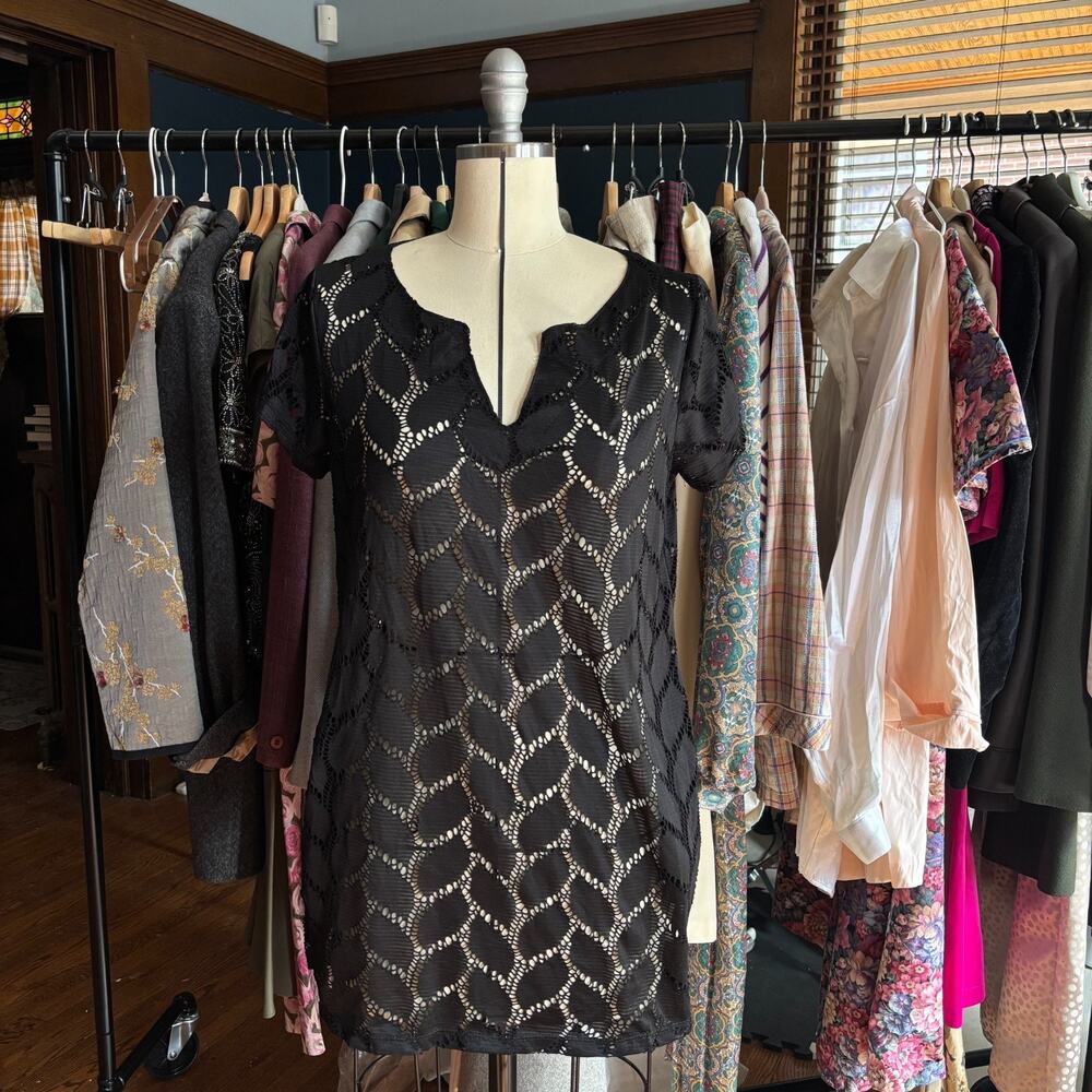 Nimes Cote d'Azur Black Open Knit Eyelet Mini Dress S/M Sheer Stretch Pockets